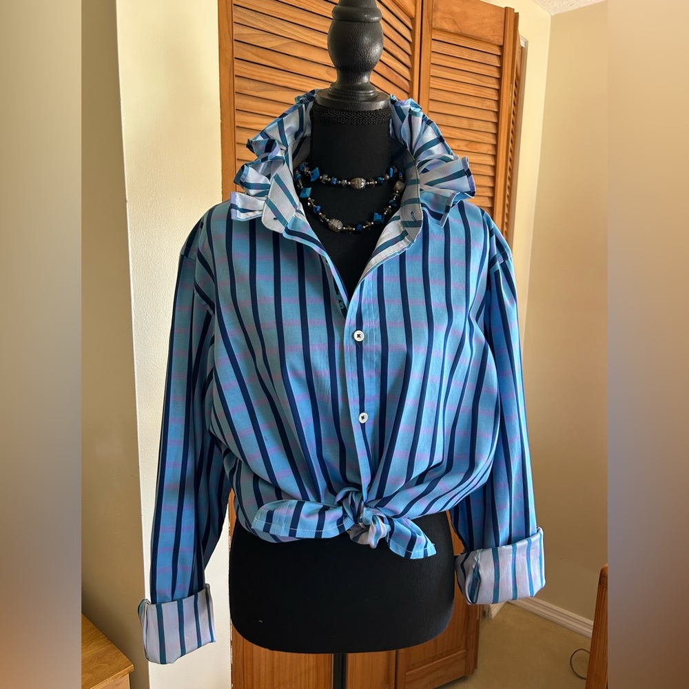 Bugatchi Upcycled Men’s to Ladies Button up  ruffle collar blouse